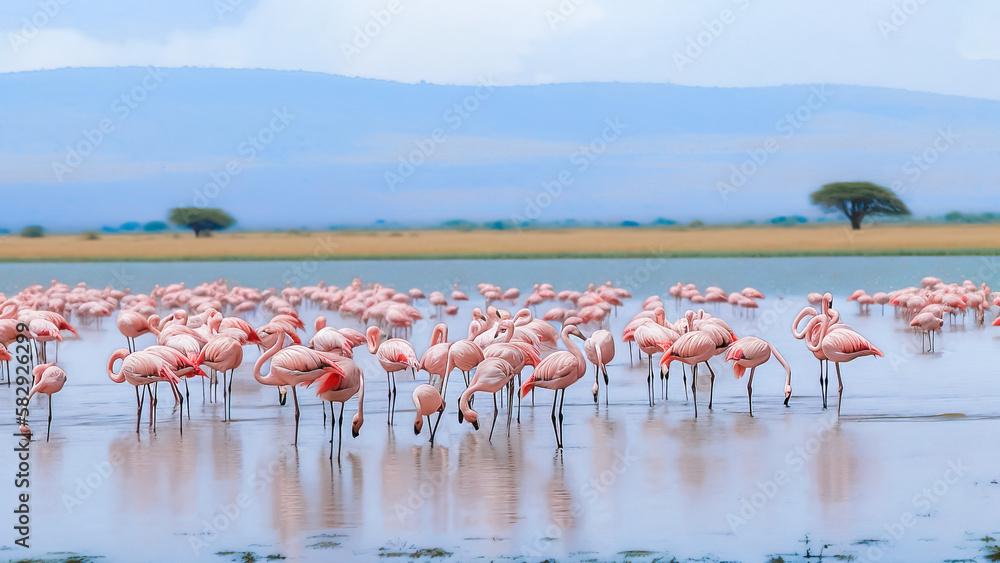 Big Flock of Flamingoes Bird Standing Together in Lake Nakuru Kenya, generative AI