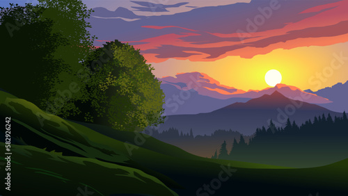 Vector illustration of colorful sunset over mountain forest with mountain in the distance