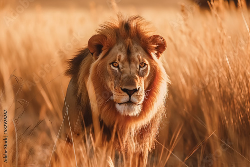 Lion in Savannah Field at Sunset, National Geographic Wildlife Photography, generated AI