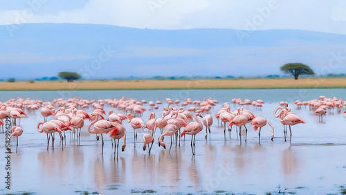 Big Flock of Flamingoes Bird Standing Together in Lake Nakuru Kenya, generative AI