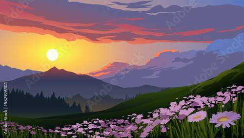 Vector illustration of colorful sunset over mountain forest with flowers and mountain in the distance