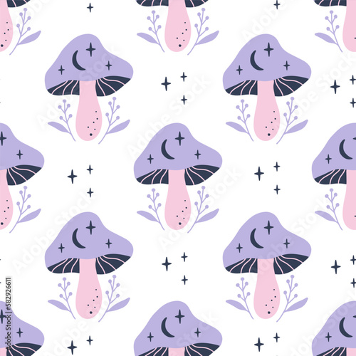 Mystical vector seamless pattern with celestial mushrooms, moon, stars. Hand drawn magical fungi vector illustration. Witchy background. Whimsical fantasy print for fabric, wrapping, digital paper.