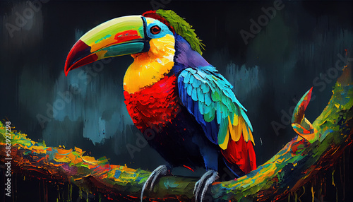 Beautiful Costa Rica Toucan Bird Sitting on a Tree Branch Colorful Oil Painting Background AI Generative photo