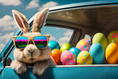 Fotobehang Cute Easter Bunny with sunglasses looking out of a car filed with easter eggs, G