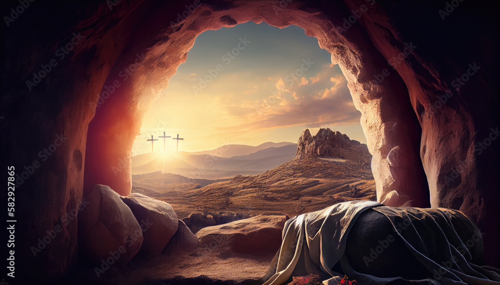 Empty tomb of Jesus Christ. Crucifixions in the rays of the sun. Generative AI Stock