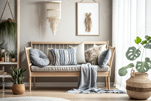 Scandinavian interior of open space with wooden bench, grey sofa, pillows, palid, mock up picture frame, macrame, plant, books, carpet, decoration. Generative AI photo