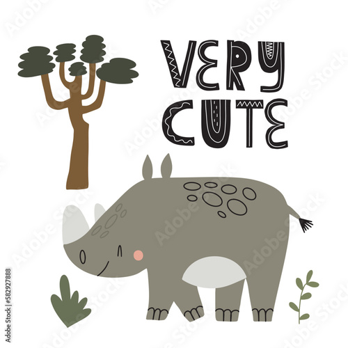 Cute rhinoceros illustration isolated on white background.Simple Illustration for children's book. African animal in cartoon style. Perfect for greetings, cards, posters, congratulations or store.