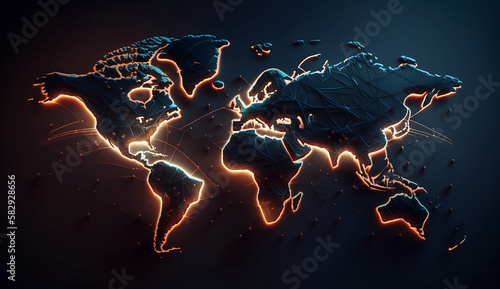 Tableau sur toile world map on black and fire line background