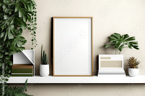 Frame mock up on a shelf with green plants a decoration. Generative AI