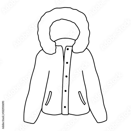 Puffer winter jacket with hood isolated on white. Doodle outline illustration