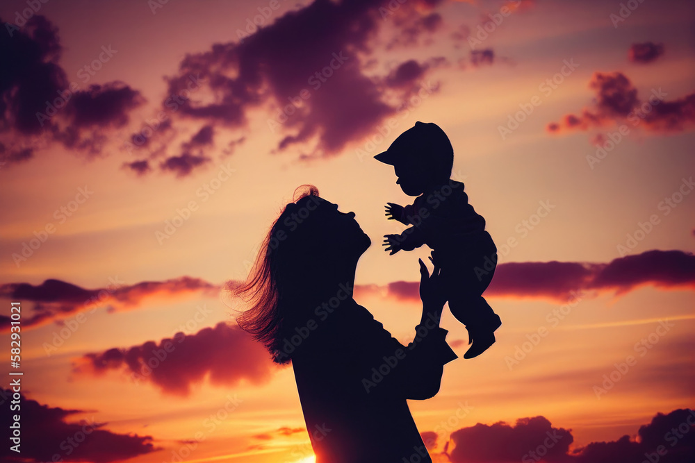 Silhouette of a young mother with her kid generative AI