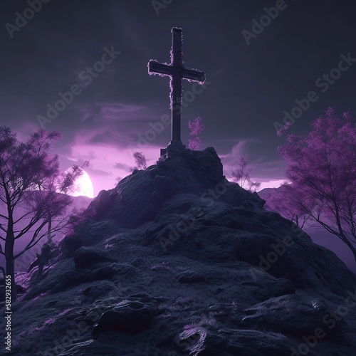 cross in the hill landscape good friday greeting card Created with generative Ai Technology