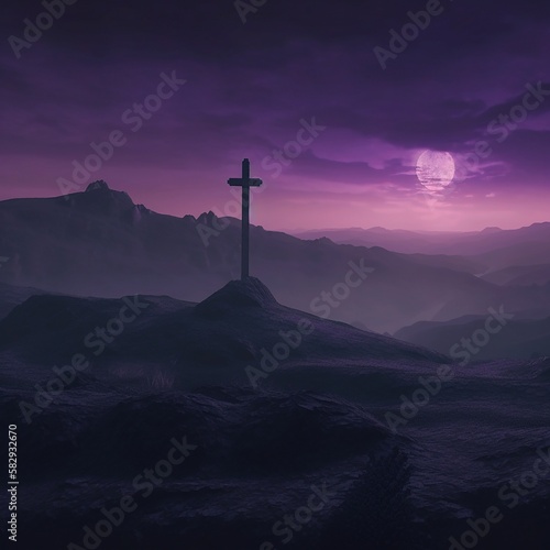 cross in the hill landscape good friday greeting card Created with generative Ai Technology