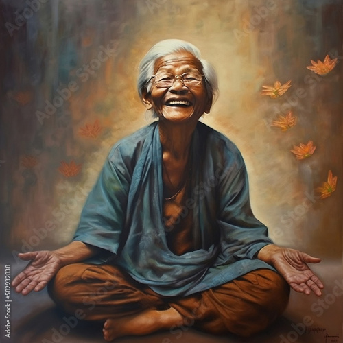 Thai grandmother, grandma meditating, inner peace