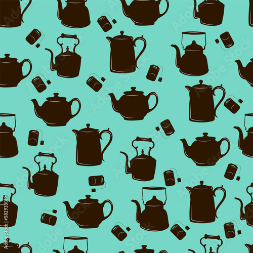 seamless pattern of teapots and tea bags