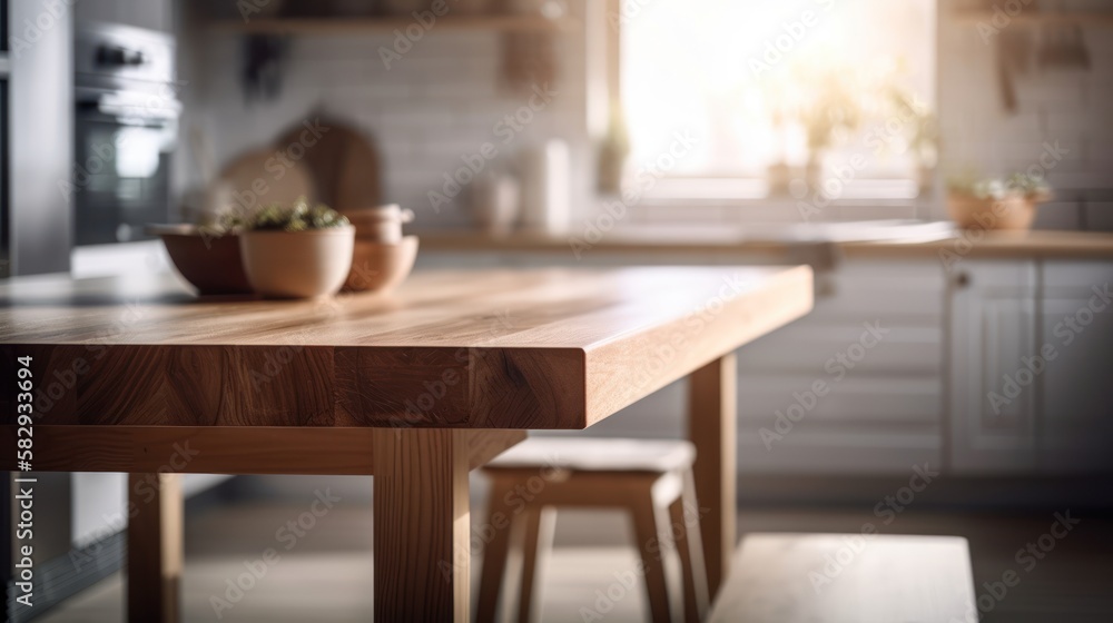Empty wooden table and blurred white kitchen white wall background. Amateur baker kitchen, GENERATIVE AI