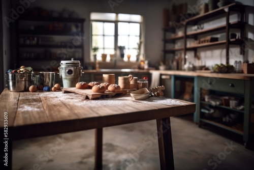 wooden empty table in the kitchen of an amateur confectioner, GENRATIVE AI