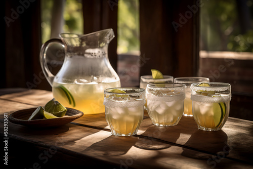 Margarita pitcher with multiple glasses, lime wedges, and ice cubes