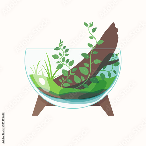 Live plants are planted in a glass container. The illustration depicts a terrarium for plants. Vector image.