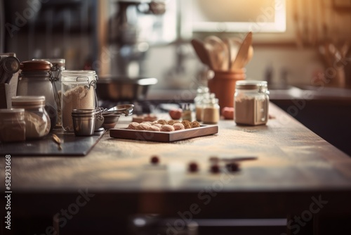 Empty wooden table and blurred white kitchen white wall background. Amateur baker kitchen  GENERATIVE AI