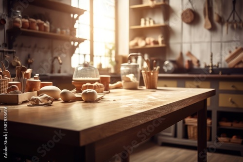 Empty wooden table and blurred white kitchen white wall background. Amateur baker kitchen, GENERATIVE AI