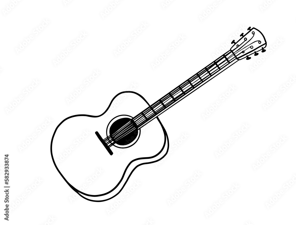 Hand drawn doodle of classical guitar. Musical instrument. Sketch of acoustic guitar or ukulele. Vector illustration Hand drawn doodle of classical guitar. Musical instrument. Sketch of acoustic guitar or ukulele. Vector illustration