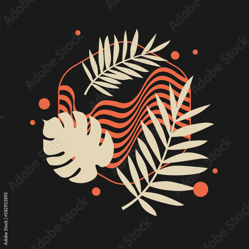 Bright background with geometric shapes and tropical leaves.