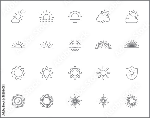 Simple Set of sun Related Vector Line Icons. Vector collection of sunbursts, rays, weather, sun raise, sunshine, solar and design elements symbols or logo element.