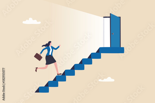 Career opportunity, door step to success, career development or growth and improvement to reach success, job promotion or challenge to grow concept, businesswoman employee walk up stair to open door.