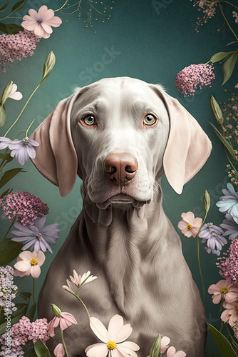 All-Purpose Pastel Art Weimaraner dog in a Floral Wonderland in a Soft and Dreamy Style: A Beautifully Serene Scene of a Majestic Animal Surrounded by Delicate Flowers Generative AI