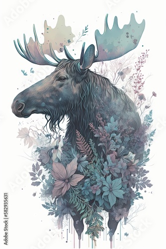 Designer Pastel Moose in a Wonderland of Floral: A Serene Scene of a Beautiful Majestic Animal Surrounded by Delicate Flowers in a Soft and Dreamy Style Generative AI