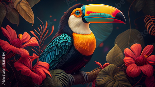 Toucan bird and Tropical leaves botanical elements. Amazing tropical floral with Generative AI.