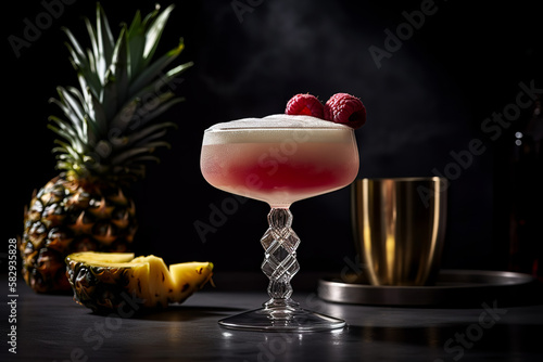 French martini with a frothy pineapple foam and raspberry garnish