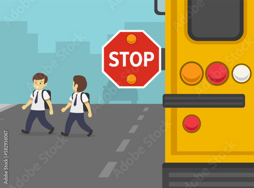 Driving rules and tips. Close-up of school bus with an extended stop sign. School boys crossing the street. Flat vector illustration template.