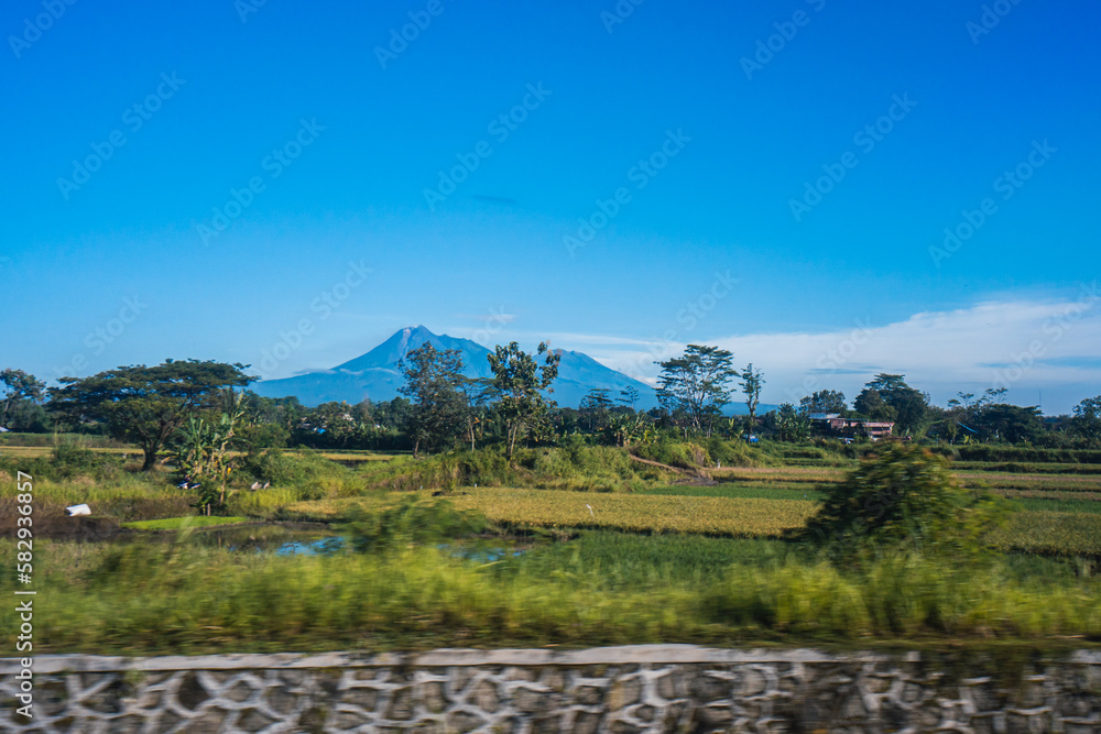 The view from the window of a fast-moving train crossing rice fields and plantations with Mount Merapi and Merbabu in the background