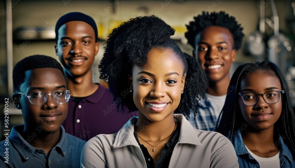 Group of Diverse and Empowered African American Black Youth High School Students Working Together in Science Club : Power of Collaboration in Clubs, Sports Teams (generative AI)