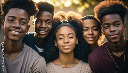 Group of Diverse and Empowered African American Black Youth High School Students Working Together in Diversity and Inclusion Club : Power of Collaboration in Clubs, Sports Teams (generative AI)