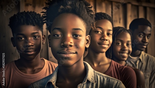 Group of Diverse and Empowered African American Black Youth High School Students Working Together in Film Club : Power of Collaboration in Clubs, Sports Teams (generative AI) © Get Stock
