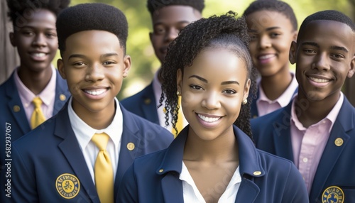 Group of Diverse and Empowered African American Black Youth High School Students Working Together in Rotary Interact Club : Power of Collaboration in Clubs, Sports Teams (generative AI) photo