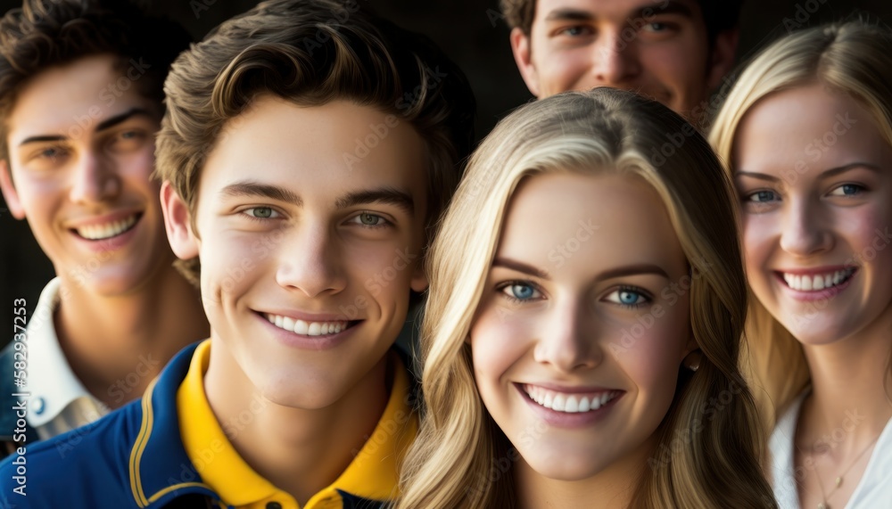 Obraz premium Group of Diverse and Empowered Caucasian White Youth High School Students Working Together in Rotary Interact Club : Power of Collaboration in Clubs, Sports Teams (generative AI)