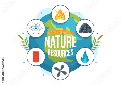 Non Renewable Sources of Energy Illustration with Nuclear  Petroleum  Oil  Natural Gas or Coal Fuels in Flat Cartoon Hand Drawn Templates