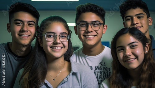 Group of Diverse and Empowered Hispanic Youth High School Students Working Together in Science Club : Power of Collaboration in Clubs, Sports Teams (generative AI)