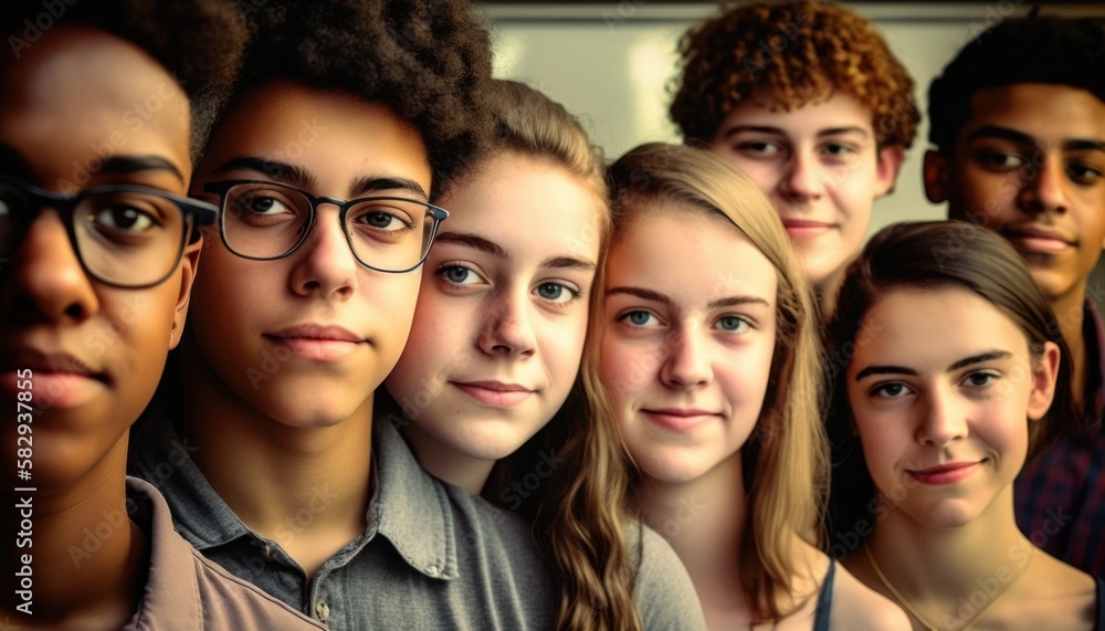 Fototapeta premium Group of Diverse and Empowered Multiracial Youth High School Students Working Together in Journalism Club : Power of Collaboration in Clubs, Sports Teams (generative AI)