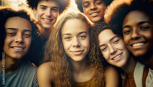 Group of Diverse and Empowered Multiracial Youth High School Students Working Together in Film Club : Power of Collaboration in Clubs, Sports Teams (generative AI) © Get Stock