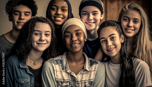 Group of Diverse and Empowered Multiracial Youth High School Students Working Together in History Club : Power of Collaboration in Clubs, Sports Teams (generative AI)