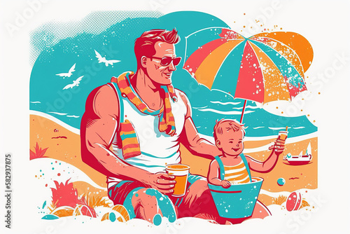 Happy Father Day with children is sunbathing, sitting on sand against backdrop Holidays in summer season, tourist trips, vacations. Raster characters flat Cartoon Illustration Generative Ai © Naseem
