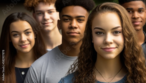 Group of Diverse and Empowered Multiracial Youth High School Students Working Together in National Honor Society : Power of Collaboration in Clubs, Sports Teams (generative AI)