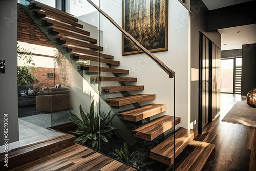 Modern interior design featuring wooden stairs with glass railing. Contemporary house interior. Generative AI