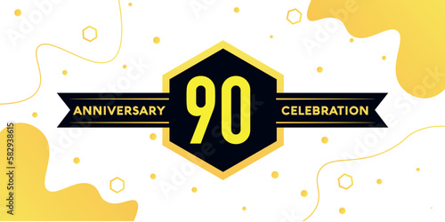 90 years anniversary logo vector design with yellow geometric shape with black and abstract design on white background template