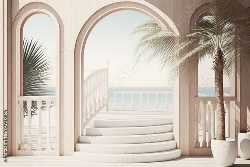 Wooden panel close up, dreamy terrace, over sea panorama, palm trees, archways in rosy plaster, staircase Fototapet
